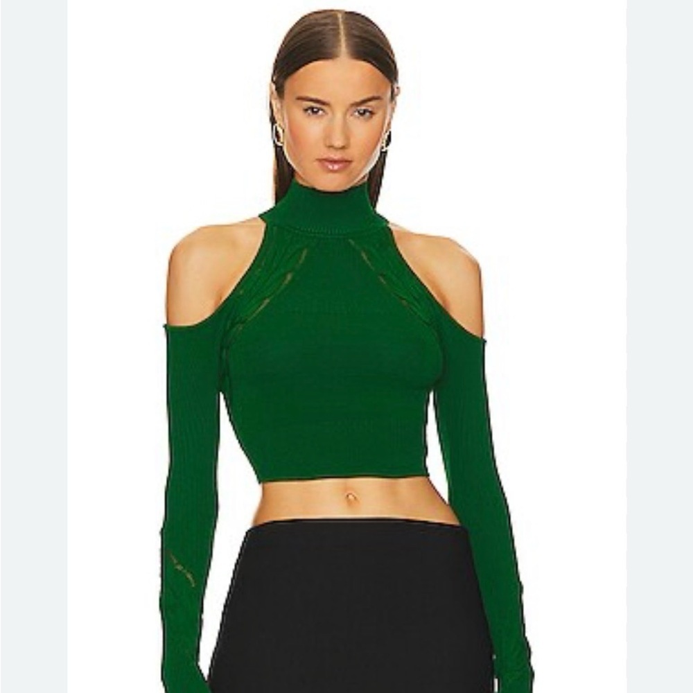 Michael Costello Jesseni Cold Shoulder Top Forest Green Ribbed Size M NWT